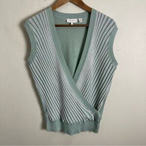Ted Baker green silver metallic v-neck sweater vest top lightweight stretch S